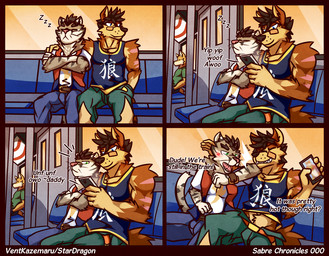 anthro blush eyewear glasses inside_train public_transportation scar sleeping sunset text train vehicle whiskers ventkazemaru brian_(ventkazemaru) miles_kurano canid canine canis domestic_cat felid feline felis mammal wolf comic english_text
