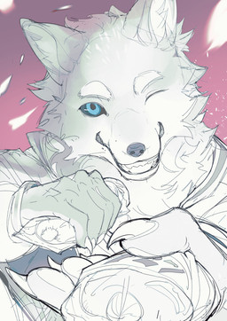 5_fingers ambiguous_gender anthro blue_eyes blue_sclera claws closed_smile clothed clothed_anthro clothing eyebrows finger_claws fingers food fur holding_food holding_object inner_ear_fluff looking_at_viewer mouth_closed offering_food one_eye_closed pink_background pupils ringed_iris simple_background smile smiling_at_viewer solo teeth toothy_grin topwear tuft white_body white_eyebrows white_fur white_inner_ear_fluff wink winking_at_viewer chiayeeee canid canine canis mammal wolf 2024 absurd_res bust_portrait digital_drawing_(artwork) digital_media_(artwork) hi_res portrait