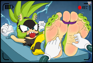 anthro ball_gag barefoot black_border border clothing feet female foot_fetish gag gloves green_body handwear humanoid_feet plantigrade soles tickling tickling_feet toes white_clothing white_gloves white_handwear badash01 idw_publishing sega sonic_the_hedgehog_(comics) sonic_the_hedgehog_(idw) sonic_the_hedgehog_(series) surge_the_tenrec afrosoricid mammal tenrec hi_res