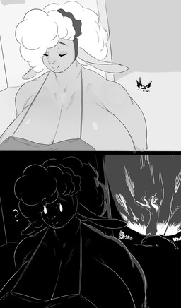 ambiguous_gender animal_ears anthro big_breasts breasts cleavage clothed clothing detailed_background duo eyebrows eyelashes eyes_closed female fingers hair huge_breasts hyper hyper_breasts inside mature_female portal question_mark smile solo_focus dreamy_pride livia_(dreamypride) bovid caprine mammal sheep absurd_res comic hi_res monochrome