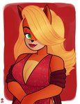 anthro blonde_hair breasts cleavage clothed clothing dress female green_eyes hair hair_over_eye lipstick makeup one_eye_obstructed solo wazzaldorp activision crash_bandicoot_(series) tawna_bandicoot bandicoot mammal marsupial 2019 absurd_res hi_res