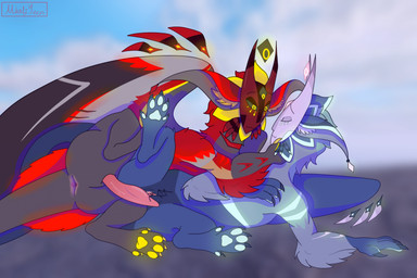 2_horns 4_fingers 5_toes animal_genitalia animal_penis anus arm_tuft blue_pawpads blurred_background caressing caressing_cheek caressing_face claws clitoris duo elbow_tuft erection eyes_closed feathered_wings feathers feet female feral feral_on_feral fingers fluffy fur fur_markings fuzzy genital_slit genitals glowing glowing_markings glowing_pawpads grey_body grey_fur half-closed_eyes horn imminent_sex inner_ear_fluff intraspecies looking_at_another looking_at_partner lying male male/female markings mask multi_eye multicolored_body multicolored_fur narrowed_eyes neck_tuft on_side pawpads penis raised_leg red_body red_fur semi-anthro smile tail toes tuft vulva wings yellow_eyes yellow_pawpads mkali_pale_hyena creatures_of_sonaria roblox urzuk hi_res