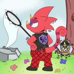 3_horns alternative_fashion anthro backwards_hat big_diaper blue_eyes boots butterfly_net clothing collar diaper duo fish_hook fishing_rod focused footwear grass hand_on_hip hat headgear headwear hook horn jacket leather leather_boots leather_clothing leather_footwear leather_jacket leather_topwear long_tail male markings multi_horn net piercing plant prehensile_tail punk purple_eyes red_body red_scales rock scales shoes short_horn small_horn solo spikes striped_markings striped_tail stripes tail tail_markings topwear tree hyper423 animal_crossing nintendo c.j._(animal_crossing) flick_(animal_crossing) beaver chameleon lizard mammal reptile rodent scalie 1:1 hi_res signature