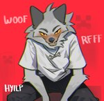 anthro clothed clothing creeper_face fully_clothed fur grey_body grey_fur looking_at_viewer male red_background simple_background sitting solo yellow_sclera hyilpi microsoft minecraft mojang xbox_game_studios canid canine canis mammal pale_wolf_(minecraft) wolf wolf_(minecraft) 2023 digital_media_(artwork) signature