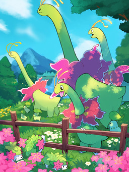 ambiguous_gender cloud feral flower green_body group open_mouth plant size_difference tail tree taplaos nintendo pokemon chikorita elemental_creature flora_fauna generation_2_pokemon generation_4_pokemon land_forme_shaymin legendary_pokemon meganium pokemon_(species) shaymin 3:4 absurd_res hi_res