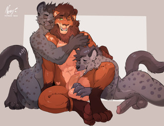 anklet anthro anthro_on_anthro balls big_penis biped black_body black_fur bodily_fluids brown_body brown_fur brown_mane claws cuddling erection eyes_closed fellatio finger_claws foreskin fur genitals glans grey_body grey_fur group group_sex hug humanoid_genitalia humanoid_penis interspecies jewelry kneeling lying male male/male male_anthro mane markings multicolored_body multicolored_fur nude_anthro nude_male on_front oral penile penis retracted_foreskin saliva saliva_on_penis sex simple_background sitting spots spotted_body spotted_fur tan_body tan_fur threesome trio negy felid hyena lion mammal pantherine 2026 absurd_res digital_media_(artwork) hi_res