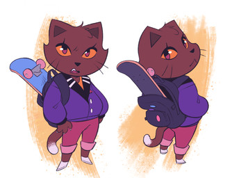 anthro backpack biped bottomwear brown_body brown_fur clothing eyelashes eyeliner female footwear fur hair jacket looking_at_viewer makeup multiple_poses open_mouth pants pose shoes short_hair skateboard solo standing topwear vehicle whiskers itsdanfango jalei_(itsdanfango) domestic_cat felid feline felis mammal 2025