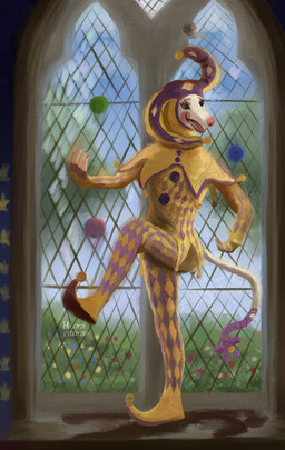5_fingers anthro biped clothed clothing day eyebrows eyelashes fingers fool's_hat harlequin hat headgear headwear jester juggling male medieval open_mouth pink_nose pose solo standing teeth text tongue white_text leprzil art_fight artfight2026 canid canine canis domestic_dog greyhound hunting_dog mammal sighthound 2026 english_text hi_res