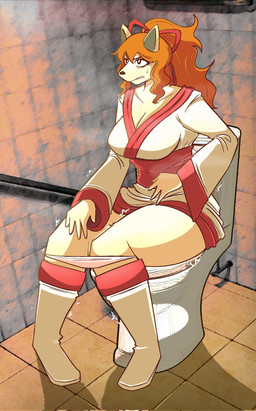anthro asian_clothing bathroom bathroom_floor bathroom_wall bodily_fluids boots breasts clothed clothing clothing_lift dress dress_lift east_asian_clothing feces female footwear fur ginger_fur hair japanese_clothing kemono orange_body orange_fur orange_hair panties panties_down partially_clothed pink_clothing pink_panties pink_underwear pooping shoes sitting sitting_on_toilet solo sweat sweatdrop toilet toilet_use underwear underwear_down kanaii undertale_(series) undertale_yellow ceroba_ketsukane canid canine fox mammal monster true_fox hi_res