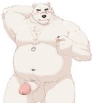 anthro armpit_hair balls belly big_belly blush bodily_fluids body_hair erection genital_fluids genitals humanoid_hands kemono male moobs navel nipples overweight overweight_male penis precum scar solo hagom bear mammal polar_bear ursine 2023 hi_res