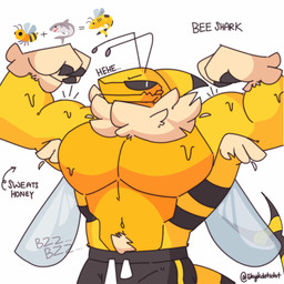 3_fingers antennae_(anatomy) anthro biceps big_muscles black_bottomwear black_clothing black_sclera black_stripes blep bottomwear closed_smile clothed clothed_anthro clothed_male clothing countershade_face countershade_torso countershading directional_arrow drawstring_bottomwear emanata emoji fin fingers fish_tail flesh_fang flexing flexing_bicep flexing_both_biceps flexing_muscles furrowed_eyebrows head_fin huge_muscles insect_wings looking_at_viewer male markings mouth_closed muscular navel neck_tuft non-mammal_navel onomatopoeia orange_body orange_countershading orange_tongue pecs pose pupils simple_background slit_pupils smile smiling_at_viewer solo sound_effects striped_markings striped_tail striped_torso stripes tail tail_markings tan_body text tongue tongue_out topless topless_anthro topless_male tuft white_background white_eyes wings yellow_body skykdotidot pollen_(skykdotidot) aquatic arthropod bee fish hybrid hymenopteran insect shark 2024 artist_name digital_drawing_(artwork) digital_media_(artwork) english_text half-length_portrait hi_res portrait