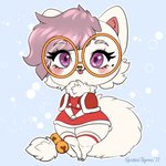 accessory anthro bell blep cheek_tuft chibi closed_smile clothed clothing eyewear facial_tuft female fur furgonomics glasses hair legwear mouth_closed neck_tuft purple_eyes purple_hair red_clothing red_topwear round_glasses short_hair simple_background smile solo standing tail tail_accessory tail_bell tongue tongue_out topwear tuft white_body white_clothing white_fur white_legwear white_tail tiggybloom felid mammal 1:1 2021