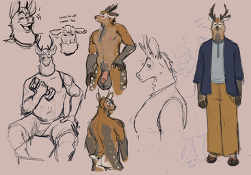 anthro antlers balls big_balls blue_clothing blue_jacket blue_shirt blue_topwear blush blush_lines body_blush bottomwear brown_body brown_fur butt butt_blush clothed clothing crossbar_emanata dipstick_tail dumbbell ears_down ears_up emanata exercise eye_markings facial_markings front_view fur genitals glans gloves_(marking) grey_body grey_fur head_markings horn humanoid_genitalia humanoid_penis jacket laugh male markings muscular muscular_male navel nipples nude open_mouth orange_bottomwear orange_clothing orange_pants pants penis pivoted_ears pubes rear_view red_background scut_tail shirt short_tail simple_background sitting solo spots spotted_body spotted_fur tail tail_markings tan_body tan_fur text topwear weightlifting weights white_body white_fur workout mxxvous mxx_(mxxvous) deer mammal mouse murid murine rodent 2023 colored_sketch english_text hi_res sketch sketch_page nonbinary_(lore)