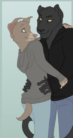 anthro biped bottomwear clothed clothing duo eyebrows happy hoodie hug looking_back pants simple_background smile topwear jailbird canid canine canis domestic_dog felid mammal pantherine 2007 character_request digital_media_(artwork)