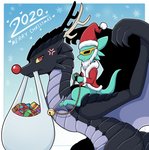 2020 ambiguous_gender anthro braver_(vavacung) christmas clothing costume cross-popping_vein disaster_dragon dragon duo english_text feral gift harness heart_symbol hi_res holidays kobold mask mythological_creature mythological_scalie mythology riding scalie tail text vavacung weapon wings