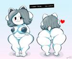 :3 anthro anus areola belly bent_over big_areola big_breasts big_butt biped breasts butt deep_navel dialogue eyelashes female front_view fur genitals grey_hair hair heart_symbol inverted_nipples looking_away multiple_poses navel nipples nude pose presenting presenting_hindquarters pussy rear_view short_hair short_stack shy smile solo standing text thick_thighs white_body white_fur wide_hips termiboi undertale undertale_(series) temmie_(undertale) canid canine canis domestic_cat domestic_dog felid feline felis mammal tem 2018 absurd_res english_text hi_res