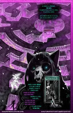 anthro antlers bone card clothing death_(tarot) dialogue fangs female glowing glowing_eyes hoodie horn major_arcana male maze skull skull_head solo_focus speech_bubble tarot tarot_card teeth text topwear bleats jitters_(bleats) tusk_(bleats) deer domestic_cat felid feline felis mammal water_deer 2025 comic english_text hi_res url