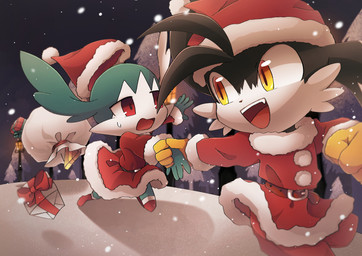 anthro black_body black_fur clothing costume duo fur gift gloves green_body green_fur hand_holding handwear holidays kemono looking_back male open_mouth outside red_eyes santa_costume snow yellow_clothing yellow_eyes yellow_gloves yellow_handwear young young_anthro young_male haippp bandai_namco christmas klonoa_(series) king_of_sorrow klonoa 2020 absurd_res hi_res japanese_description