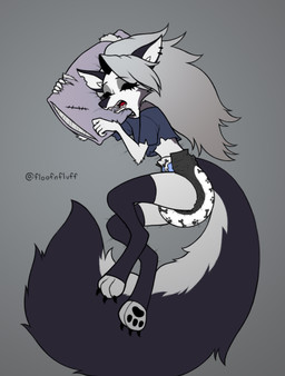 anthro big_tail black_diaper bodily_fluids claws clean_diaper clothed clothing crop_top diaper drooling fangs female footprint fur grey_body grey_fur grey_hair hair legwear long_hair lying on_side open_mouth pattern_diaper pawprint paws pillow saliva shirt sleeping solo tail teeth text thigh_highs toeless_legwear toeless_stockings topwear torn_pillow wearing_diaper floofnfluff hellaverse helluva_boss mythology loona_(helluva_boss) canid canid_demon canine demon hellhound mammal mythological_canine mythological_creature absurd_res digital_media_(artwork) english_text hi_res signature