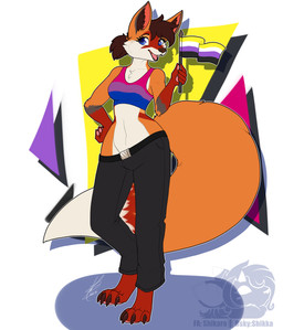 anthro biped bisexual_pride_colors black_lipstick blue_eyes bottomwear breasts brown_hair claws clothing crop_top digitigrade eyelashes feet female female_anthro flag flag_(object) fluffy fluffy_tail fur hair happy hindpaw lgbt_pride lipstick makeup nonbinary_pride_colors orange_body orange_fur pants pawpads paws ponytail pride_color_clothing pride_color_flag pride_color_shirt pride_color_topwear pride_colors red_body red_fur shirt short_ponytail smile solo tail topwear white_body white_fur shikaro lgbt_pride_month ferox_(feroxdoon) canid canine fox mammal red_fox true_fox absurd_res hi_res nonbinary_(lore)