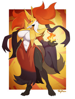 4_fingers 4_toes anthro biped border breasts claws feet female finger_claws fingers fire front_view fur grey_body grey_fur grey_tail hand_on_hip hand_on_own_hip inner_ear_fluff looking_at_viewer navel nude nude_anthro nude_female red_body red_eyes red_fur solo standing tail toe_claws toes tuft white_border yellow_body yellow_fur skykain nintendo pokemon pokemon_legends_z-a generation_9_pokemon mega_delphox mega_evolution pokemon_(species) 2025 digital_drawing_(artwork) digital_media_(artwork) hi_res