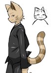 aged_down anthro black_clothing black_suit clothing happy looking_at_viewer male side_view simple_background solo suit tail whiskers white_background enigi09 kainushi-san domestic_cat felid feline felis mammal hi_res