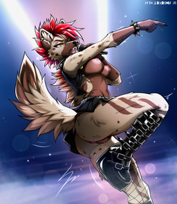anthro anus black_boots black_bottomwear black_clothing black_footwear black_skirt black_topwear black_vest boots bottomwear bracelet breasts brown_body clothed clothing collar ear_piercing ear_ring electronics fangs female fishnet_clothing fishnet_legwear footwear fur genitals hair jam_out_with_your_clam_out jewelry legwear markings microphone nails nipples no_underwear partially_clothed piercing red_hair ring_piercing shoes skirt solo spiked_bracelet spiked_collar spikes spots spotted_body striped_body stripes tail tan_body teeth topwear vest vulva yellow_eyes tai_l_rodriguez abby_(tsarfox64) hyena mammal striped_hyena 2026 hi_res