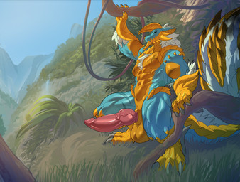 abs ankle_spikes anthro arm_scar arm_spikes balls big_balls big_penis big_tail blue_body blue_eyes blue_scales burn_mark burn_scar chest_tuft claws digitigrade elbow_fur fern fluffy fluffy_tail fur genitals grass head_spikes hill hillside horn jagged_mouth knee_spikes knot knotted_penis leaf leg_scar leg_spikes long_ears male mane multicolored_body multicolored_scales muscular muscular_anthro muscular_arms muscular_legs muscular_male pec_scar pecs penis plant scales scar scars_all_over shoulder_spikes sky soft_smile solo spiked_tail spikes spikes_(anatomy) tail thigh_scar tree tuft two_tone_body two_tone_scales vein veiny_penis vines waterfall white_body white_fur yellow_body yellow_scales javkiller capcom monster_hunter xingzuo_temple fan_character rakurai_(predaking2000) fanged_wyvern zinogre 2025 digital_media_(artwork) hi_res story story_in_description