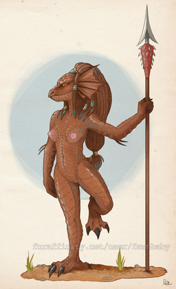anthro blush breasts brown_body brown_hair brown_scales claws dreadlocks ear_frill female frill_(anatomy) hair jewelry melee_weapon membrane_(anatomy) membranous_frill nipples non-mammal_breasts non-mammal_nipples nude polearm scales solo toe_claws weapon fawnbaby dungeons_and_dragons hasbro mythology wizards_of_the_coast adecere dragon dragonborn_(dnd) mythological_creature mythological_scalie scalie 2011