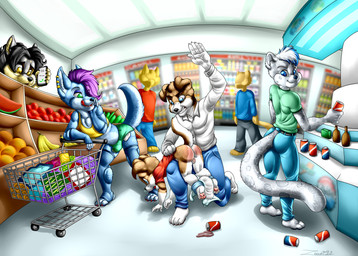 amber_eyes anthro balls banana barefoot being_watched beverage_can black_hair blue_body blue_eyes blue_fur blue_hair bottle brown_body brown_fur butt_slap can cellphone clothed clothing container diaper duo_focus electronics erection faceless_character faceless_male feet food fruit fur genitals green_eyes grey_body grey_fur grocery_store group hair half_naked humiliation looking_at_another male melon multicolored_body multicolored_fur open_diaper paws phone piercing plant public public_humiliation purple_hair slap spanking two_tone_body two_tone_fur undressing watermelon white_body white_fur yellow_body yellow_fur young young_anthro young_male zooshi canid canine canis domestic_dog felid feline leopard mammal pantherine wolf absurd_res hi_res