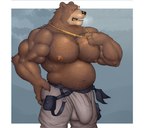 anthro areola biceps big_bulge biped bodily_fluids bulge detailed_bulge genital_outline male male_anthro musclegut muscular muscular_anthro muscular_male nipples pecs penis_outline solo sweat fleshformomo mihoyo zenless_zone_zero ben_bigger bear brown_bear mammal ursine hi_res