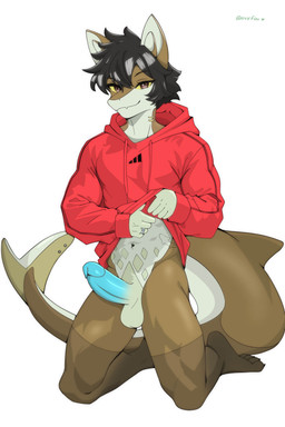 4_ears anthro balls black_hair blue_penis bottomless brown_body clothed clothing clothing_lift erection furgonomic_piercing furgonomics genitals gills hair hoodie hoodie_lift hoodie_only humanoid_genitalia humanoid_penis long_hair male multi_ear navel navel_piercing nude penis piercing rib_tattoo solo tail tail_piercing thick_tail topwear topwear_only nyxfin99 thel_the_nurse_shark aquatic carpet_shark fish ginglymostomatid nurse_shark shark 2:3 absurd_res hi_res