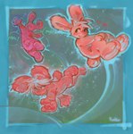 anthro blue_background bubble fur hair heart_symbol jumping looking_at_viewer male pink_body pink_fur simple_background smile sparkles speech_bubble white_hair panken lagomorph leporid mammal rabbit 2023 hi_res