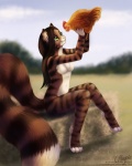 anthro belly big_tail breasts brown_body brown_fur brown_hair casual_nudity chest_tuft detailed_background domestic_pet duo feet female feral fluffy fluffy_tail fur furries_with_pets gloves_(marking) green_eyes hair long_hair long_tail markings naturally_censored navel nude outside paws pink_nose sitting sky smile striped_body striped_fur stripes tail toeless_(marking) tuft whiskers white_belly white_body white_fur magpie_(artist) remmmy avian bird chicken domestic_cat felid feline felis galliform gallus_(genus) mackerel_tabby mammal phasianid 4:5 hi_res