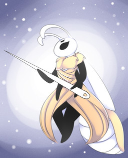 4_arms antennae_(anatomy) anthro arthropod_abdomen black_body black_eyes blue_background empty_eyes featureless_feet featureless_hands feet female melee_weapon mouthless multi_arm multi_limb neck_tuft polearm sewing_needle simple_background solo spear tuft weapon white_body wings camychan hollow_knight_(franchise) team_cherry fan_character arthropod insect lepidopteran moth 2017 hi_res