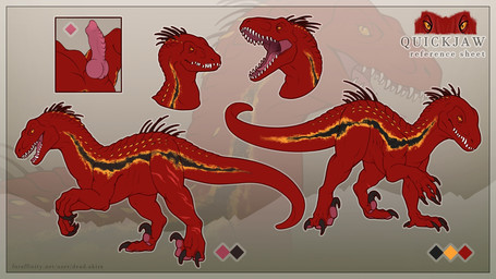 claws digitigrade erection feral genitals jaw knot knotted_penis male male_feral open_mouth penis pink_flesh quills_(anatomy) red_body sickle_claw simple_background solo stripes tail teeth text toe_claws dead.akira jurassic_park jurassic_world universal_studios dinosaur indoraptor prehistoric_species reptile saurischian scalie theropod 16:9 english_text hi_res model_sheet url widescreen
