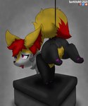 anus ass_up bdsm bondage bound butt female feral genitals grey_background hair inner_ear_fluff multi_nipple nipples pedestal pussy simple_background solo tail tail_tied tongue tongue_out tuft darkholm1 nintendo pokemon braxiss_(darkholm1) braixen canid canine fennec_fox fox generation_6_pokemon mammal pokemon_(species) true_fox 5:6 hi_res