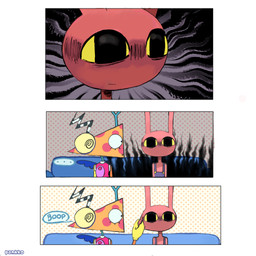 ambiguous_gender antennae_(anatomy) anthro black_eyes cheek_pinch eyelashes frown fur furniture glare humor long_ears looking_at_another male mouth_closed pink_body pink_ears pink_fur red_body sitting sofa speech_bubble spiral spiral_eyes wide_eyed yellow_sclera pankk0 glitch_productions the_amazing_digital_circus bazooble_(tadc) evil_jax_(tadc) animate_inanimate lagomorph leporid living_toy mammal rabbit 1:1 comic hi_res