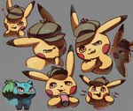 ambiguous_gender clothing container cup duo hat headgear headwear heart_symbol holding_container holding_cup holding_object multiple_poses open_mouth open_smile pose smile ningukt nintendo pokemon detective_pikachu bulbasaur generation_1_pokemon pikachu pokemon_(species) 2019