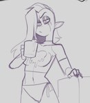 breasts clothed clothing container cup eyebrows female fingers grey_background hair half-closed_eyes humanoid_pointy_ears long_hair looking_down midriff mug narrowed_eyes navel noseless not_furry panties pointy_ears side-tie_panties simple_background solo topwear underwear teelokay disney wander_over_yonder lord_dominator alien alien_humanoid humanoid monochrome