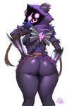 anthro armor belt breasts butt cat_smile clothed clothing eye_scar facial_scar female gauntlets glistening glistening_butt gloves hands_on_hips handwear hood logo looking_at_viewer looking_back looking_back_at_viewer partially_clothed purple_eyes rear_view scar shadow_face simple_background solo white_background pankekes7 epic_games fortnite raven_team_leader bear mammal ursine 2024 artist_logo colored digital_media_(artwork) hi_res shaded