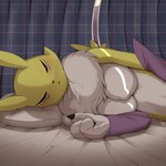 1:1 anthro bandai_namco bed blush breasts canid canine digimon digimon_(species) female fur furniture hi_res lying mammal multicolored_body multicolored_fur nipple_outline nude on_bed on_side ravinosuke1 renamon sleeping solo white_body white_fur yellow_body yellow_fur
