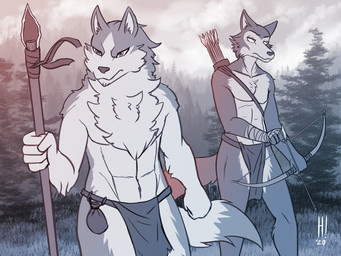 abs anthro arm_tuft arrow_(weapon) athletic athletic_anthro athletic_male bottomwear bow_(weapon) cheek_tuft chest_tuft clothed clothing countershade_face countershade_legs countershade_torso countershading duo elbow_tuft facial_tuft forest fur hand_wraps holding_arrow holding_bow_(weapon) holding_melee_weapon holding_object holding_polearm holding_ranged_weapon holding_spear holding_weapon loincloth looking_aside looking_at_viewer male melee_weapon multicolored_body multicolored_fur pecs plant polearm quiver_(object) ranged_weapon spear topless topless_male tree tribal tuft two_tone_body two_tone_fur weapon wraps heresy_(artist) beastars brand_new_animal studio_trigger legoshi_(beastars) shirou_ogami canid canine canis mammal wolf 2020 4:3 digital_media_(artwork) sketch
