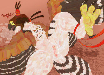anthro anus bdsm blindfold bodily_fluids bondage bound breath claws falconry_hood feathers feet genitals hood mask nude panting praise rope sensory_deprivation sensory_deprivation_hood simple_background solo tail text vulva vaalravn artfuck artfuck2025 avian bird falcon falconid absurd_res hi_res
