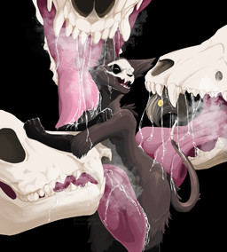 anthro bodily_fluids bone bone_mask breath breathing canine_skull drooling group licking male mask mawplay open_mouth saliva skull skull_head skull_mask soft_vore tongue tongue_out vore graphigato graphi_(graphigato) canid canine domestic_cat felid feline felis mammal skullcat_(species) hi_res