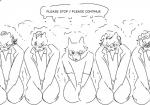 anthro blush kneeling male text thought_bubble caryfurry beastars agata_(beastars) dolph_(beastars) free_(beastars) legoshi_(beastars) miguel_(beastars) canid canine canis felid hybrid komodo_dragon lion lizard mammal monitor_lizard pantherine reptile scalie wolf english_text monochrome sketch