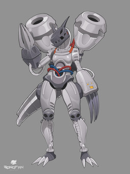 2_horns anthro anthrofied back_cannon boob_armor breasts cable cannon claws club_arms empty_eye_sockets featureless_crotch female grey_background gun horn logo looking_at_viewer machine mechanic metallic_body ranged_weapon sharp_teeth simple_background skull_accessory solo spikes standing teeth text toe_claws weapon wire sonofan bandai_namco digimon digimon_(species) dinosaur machinedramon prehistoric_species reptile robot robot_anthro scalie 2025 3:4 absurd_res artist_logo artist_name cel_shading full-length_portrait hi_res portrait shaded