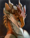 ambiguous_gender anthro brown_eyes fur horn looking_at_viewer open_mouth orange_body orange_scales pupils scales slit_pupils smile solo teeth tongue white_body white_fur rhyu reyna_(reynafox) kobold scalie 2020 bust_portrait digital_media_(artwork) headshot_portrait portrait