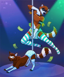 anthro clothed clothing dancing diaper duo egg_vibrator female feral footwear legwear male money pole pole_dancing sex_toy socks stockings stripper_pole vibrator wearing_diaper browniesnsfw canid canine fox mammal wolvar absurd_res hi_res