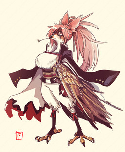 anthro chest_tuft clothed clothing eye_patch eyewear feathers female fur hair kemono melee_weapon pink_hair red_eyes semi-anthro solo sword tuft weapon white_body white_feathers white_fur bon_feather arc_system_works guilty_gear baiken avian hi_res japanese_description